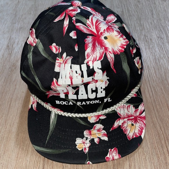 San Sun Other - Vintage Floral Mel's Place Boca Raton Florida Trucker Rope Mesh Cap Hat Snapback
